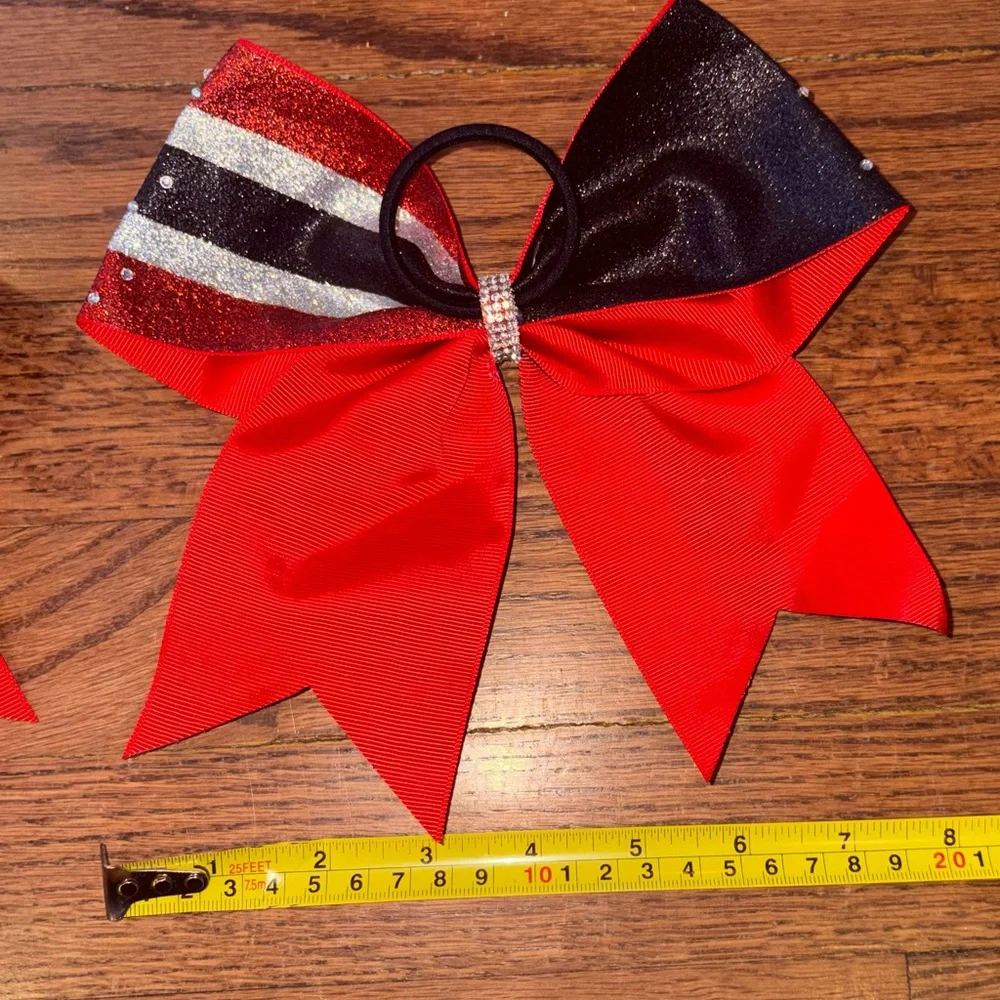 6 Cheer Bows Red Black and Silver Hair Bows Girls Hair Accessories New No Box